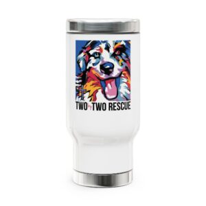 Two By Two Logo Travel Mug - 14oz Stainless Steel with Handle, Animal Lovers Gift, Animal Rescue